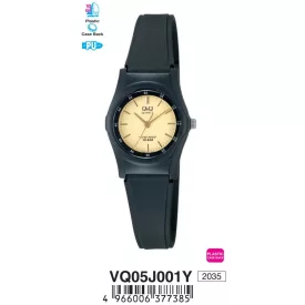   Q&Q női műanyag karóra, quartz, fekete színű tok és szíj, arany színű számlap, VQ05J001Y