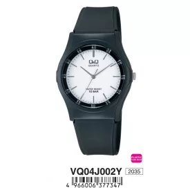   Q&Q unisex műanyag karóra, quartz, fekete színű tok és szíj, fehér színű számlap, műanyag hátlap, VQ04J002Y