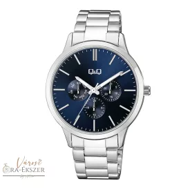   Q&Q férfi fémcsatos karóra, quartz, ezüst színű fémtok, ezüst színű acél karcsat, kék színű számlap, multifunkciós, A01A-002PY