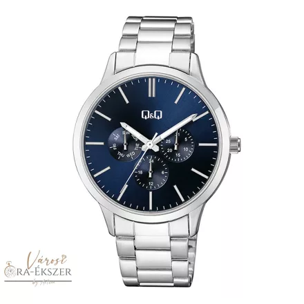 Q&Q férfi fémcsatos karóra, quartz, ezüst színű fémtok, ezüst színű acél karcsat, kék színű számlap, multifunkciós, A01A-002PY