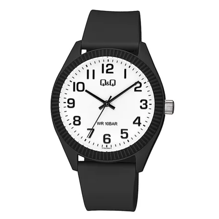 Q&Q férfi karóra, quartz, fekete színű műanyag tok, fekete színű műanyag szíj, fehér színű számlap,V12A-010VY