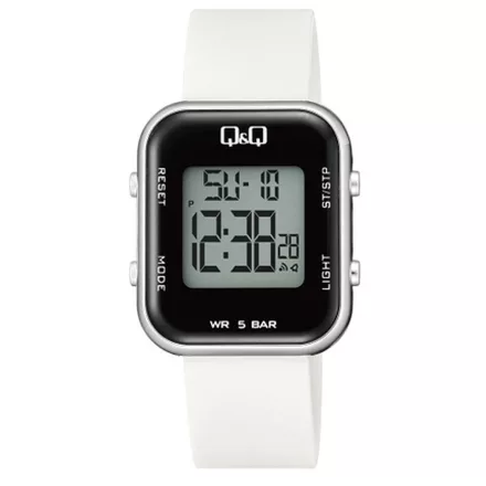 Q&Q női karóra, quartz/LCD, ezüst színű fémtok, fehér színű műanyag szíj, M207J005Y