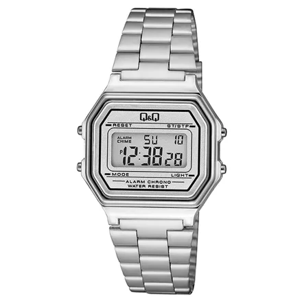 Q&Q unisex digitális karóra, quartz, ezüst színű fémtok, ezüst színű acél karcsat, LCD kijelzés, G17A-002JY