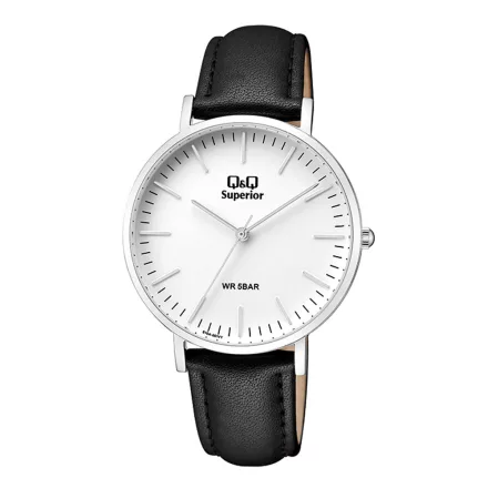 Q&Q férfi karóra, quartz, ezüst színű acél tok, fehér színű számlap, fekete színű bőrszíj, (Superior), S10A-001VY