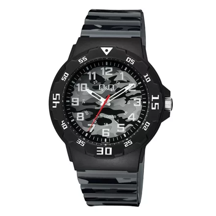 Q&Q  gyerek karóra, quartz, fekete színű műanyag tok, szürke terep mintás számlap, szürke terep mintás műanyag szíj, V02A-009VY