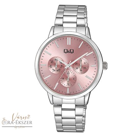 Q&Q női karóra, quartz, ezüst színű fémtok, rózsaszínű számlap, ezüst színű acél karcsat, A04A-002PY