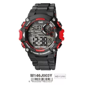   Q&Q férfi műanyag karóra, quartz, LCD kijelzés, fekete színű műanyag tok, fekete színű műanyag szíj, M146J003Y