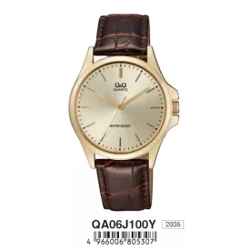   Q&Q férfi szíjas karóra, quartz, arany színű tok, barna szíj, pezsgő számlap, QA06J100Y