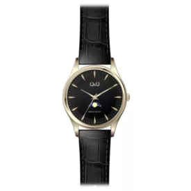   Q&Q férfi bőrszíjas karóra, quartz, ezüst színű tok, fekete szíj, ezüst színű számlap, AA30J301Y