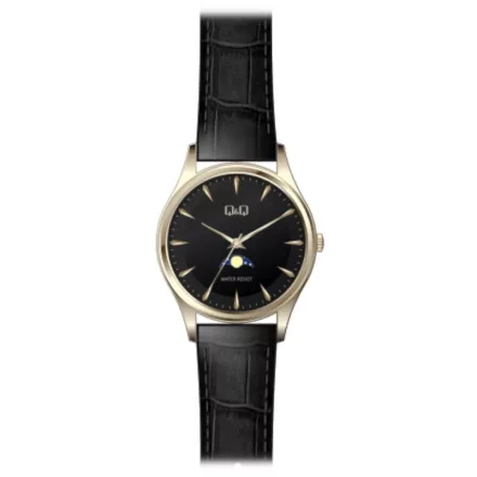 Q&Q férfi bőrszíjas karóra, quartz, ezüst színű tok, fekete szíj, ezüst színű számlap, AA30J301Y