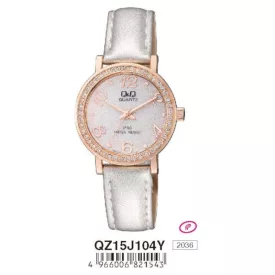   Q&Q női szíjas  quartz karóra, rózsaarany színű  tok, fehér szíj, fehér számlap, QZ15J104Y