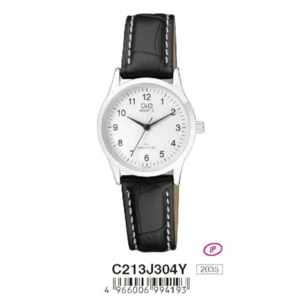Q&Q női szíjas  quartz karóra, ezüst színű  tok, fekete szíj, fehér számlap, C213J304Y