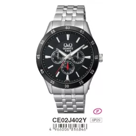   Q&Q férfi fémcsatos quartz karóra, ezüst színű tok és csat, fekete számlap, CE02J402Y