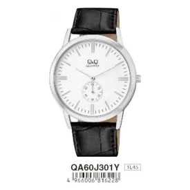   Q&Q férfi szíjas karóra, quartz, ezüst színű tok, fekete szíj, fehér számlap, QA60J301Y