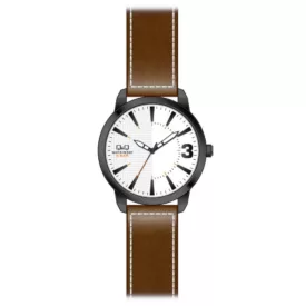   Q&Q férfi szíjas karóra, quartz, fekete színű tok, barna szíj, fehér számlap, QA98J501Y