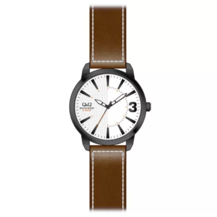 Q&Q férfi szíjas karóra, quartz, fekete színű tok, barna szíj, fehér számlap, QA98J501Y
