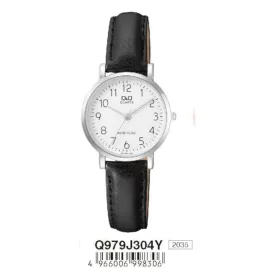   Q&Q női karóra, quartz, ezüst színű fémtok, fekete bőrszíj, fehér arab számos számlap, Q979J304Y
