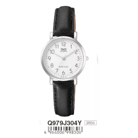 Q&Q női karóra, quartz, ezüst színű fémtok, fekete bőrszíj, fehér arab számos számlap, Q979J304Y