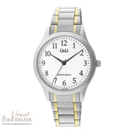   Q&Q férfi karóra, ezüst színű fémtok, bicolor (ezüst+arany) nemesacél csat, fehér számlap, C02A-005PY