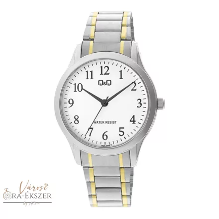 Q&Q férfi karóra, ezüst színű fémtok, bicolor (ezüst+arany) nemesacél csat, fehér számlap, C02A-005PY