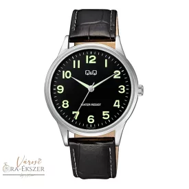   Q&Q férfi karóra, ezüst színű fémtok, fekete bőrszíj, fekete számlap, C10A-012PY