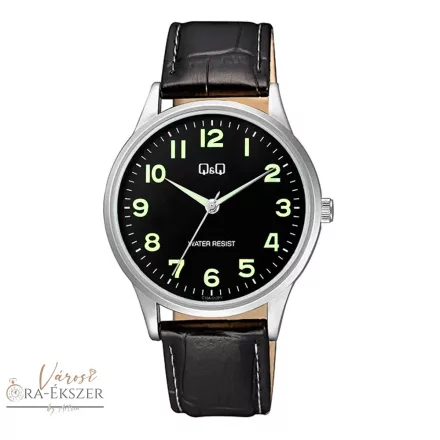 Q&Q férfi karóra, ezüst színű fémtok, fekete bőrszíj, fekete számlap, C10A-012PY