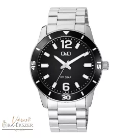   Q&Q férfi karóra, ezüst színű fémtok, ezüst színű nemesacél csat, fekete számlap, Q85B-005PY