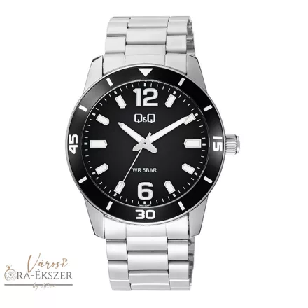 Q&Q férfi karóra, ezüst színű fémtok, ezüst színű nemesacél csat, fekete számlap, Q85B-005PY