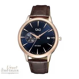  Q&Q férfi karóra, quartz, rózsaarany színű fémtok, barna színű bőrszíj, kék színű számlap, A12A-003PY