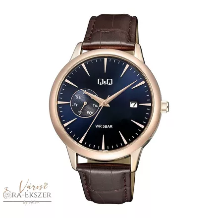 Q&Q férfi karóra, quartz, rózsaarany színű fémtok, barna színű bőrszíj, kék színű számlap, A12A-003PY