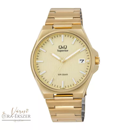 Q&Q férfi karóra, arany színű nemesacél tok, arany színű foszforeszkáló számlap, arany színű nemesacél csat S21A-006PY