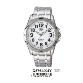   Q&Q analóg férfi karóra, ezüst színű fém tok, ezüst színű nemesacél csat, fehér számlap, ásványüveg, quartz szerkezet, 50 m (5 ATM) vízállóság, Q576J204Y