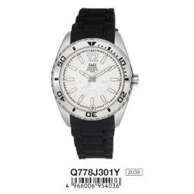   Q&Q férfi szilikon szíjas karóra, ezüst színű tok, fekete szíj, fehér számlap, Q778J301Y