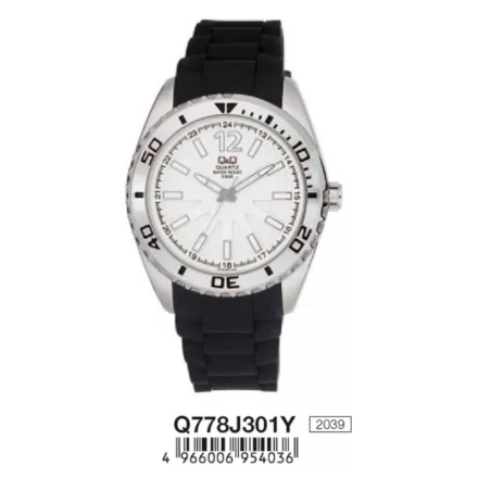 Q&Q férfi szilikon szíjas karóra, ezüst színű tok, fekete szíj, fehér számlap, Q778J301Y