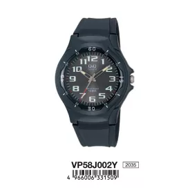   Q&Q analóg férfi sportos karóra, fekete színű műanyag tok, fekete műanyag szíj, arab számos fekete számlap, ásványüveg, quartz szerkezet, 100 m (10 ATM) vízállóság, műanyag hátlap, VP58J002Y