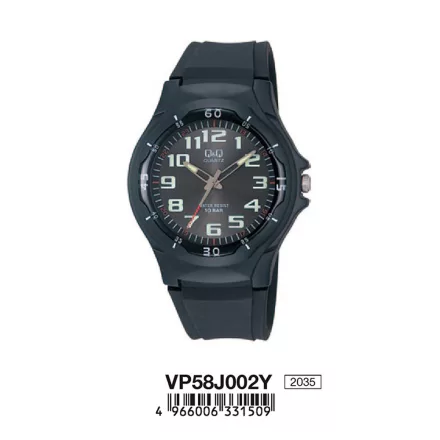 Q&Q analóg férfi sportos karóra, fekete színű műanyag tok, fekete műanyag szíj, arab számos fekete számlap, ásványüveg, quartz szerkezet, 100 m (10 ATM) vízállóság, műanyag hátlap, VP58J002Y