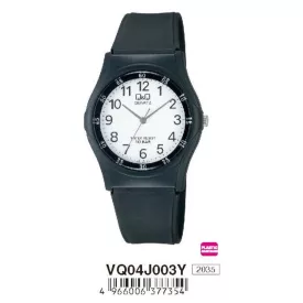   Q&Q analóg férfi karóra, fekete színű műanyag tok, fekete műanyag szíj, fehér számlap, ásványüveg, quartz szerkezet, 100 m (10 ATM) vízállóság, műanyag hátlap, VQ04J003Y