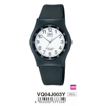 Q&Q analóg férfi karóra, fekete színű műanyag tok, fekete műanyag szíj, fehér számlap, ásványüveg, quartz szerkezet, 100 m (10 ATM) vízállóság, műanyag hátlap, VQ04J003Y
