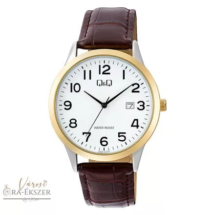 Q&Q férfi karóra, quartz, bicolor színű fémtok, fehér számlap, barna színű bőrszíj A44A-007PY