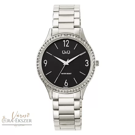 Q&Q női karóra, quartz, ezüst színű fémtok, ezüst színű fémcsat, fekete számlap, Q75B-004PY