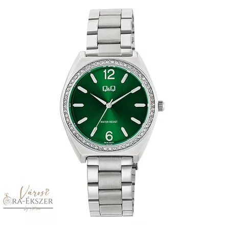 Q&Q női karóra, quartz, ezüst színű fémtok, ezüst színű fémcsat, zöld számlap Q91B-004PY