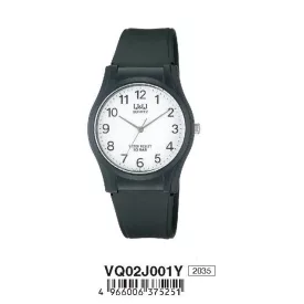   Q&Q analóg unisex karóra, fekete színű műanyag tok, fekete műanyag szíj, fehér számlap, ásványüveg, quartz szerkezet, 100 m (10 ATM) vízállóság, műanyag hátlap, VQ02J001Y