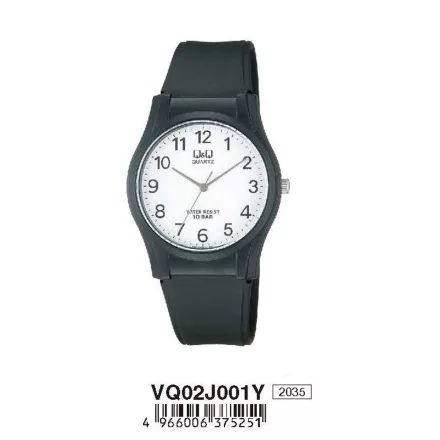 Q&Q analóg unisex karóra, fekete színű műanyag tok, fekete műanyag szíj, fehér számlap, ásványüveg, quartz szerkezet, 100 m (10 ATM) vízállóság, műanyag hátlap, VQ02J001Y