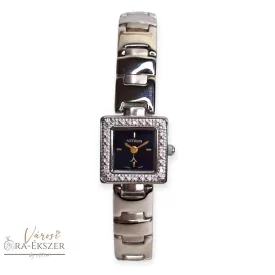   ASTRON 5113-1 női karóra, gyémánt köves ezüst színű fém tok, ezüst színű fémcsat, fekete számlap, keményített ásványüveg, quartz szerkezet, cseppmentes vízállóság