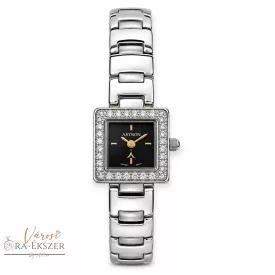   ASTRON 5113-1 női karóra, gyémánt köves ezüst színű fém tok, ezüst színű fémcsat, fekete számlap, keményített ásványüveg, quartz szerkezet, cseppmentes vízállóság