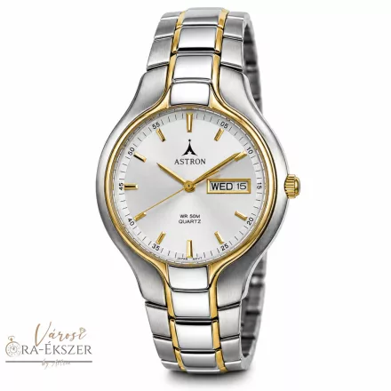 ASTRON 5236-7 férfi karóra, bicolor színű nemesacél tok és nemesacél csat, ezüst színű számlap, keményített ásványüveg, quartz szerkezet, 50 m (5 ATM) vízállóság, dátumkijelzés