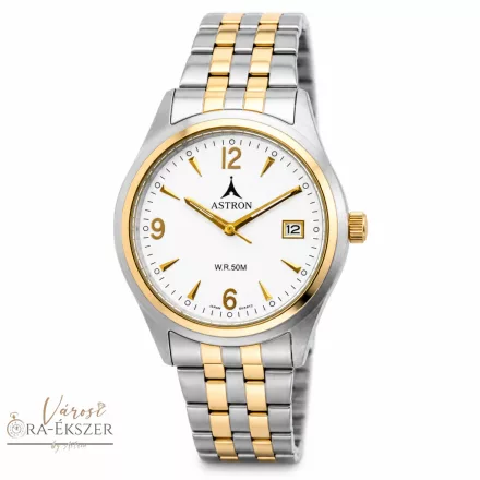 ASTRON 5412-8 férfi karóra, bicolor színű nemesacél tok és nemesacél csat, ezüst színű számlap, keményített ásványüveg, quartz szerkezet, 50 m (5 ATM) vízállóság, dátumkijelzés
