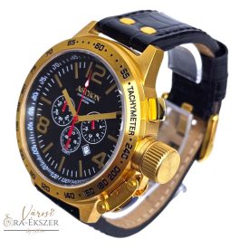   ASTRON 5573-0 divatos sportos férfi karóra, arany színű nemesacél tok, fekete bőrszíj, fekete számlap, keményített ásványüveg, multifunkciós quartz szerkezet, 50 m (5 ATM) vízállóság