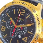 ASTRON 5573-0 divatos sportos férfi karóra, arany színű nemesacél tok, fekete bőrszíj, fekete számlap, keményített ásványüveg, multifunkciós quartz szerkezet, 50 m (5 ATM) vízállóság