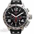 ASTRON 5573-1 divatos sportos férfi karóra, ezüst színű nemesacél tok, fekete bőrszíj, fekete számlap, keményített ásványüveg, multifunkciós quartz szerkezet, 50 m (5 ATM) vízállóság